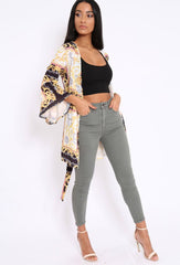 Black and Gold Scarf Print Flare Sleeves Kimono - Marley-Jackets