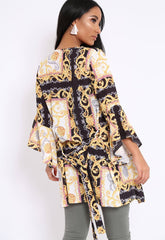 Black and Gold Scarf Print Flare Sleeves Kimono - Marley-Jackets