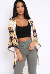 Black and Gold Scarf Print Flare Sleeves Kimono - Marley-Jackets