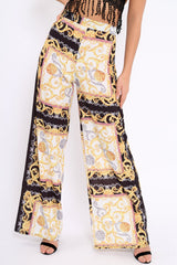 Black and Gold Scarf Print High Waist Flare Trousers - Freddy-Trousers