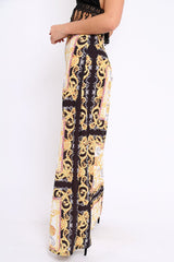 Black and Gold Scarf Print High Waist Flare Trousers - Freddy-Trousers