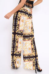 Black and Gold Scarf Print High Waist Flare Trousers - Freddy-Trousers