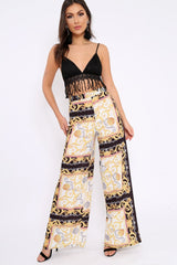 Black and Gold Scarf Print High Waist Flare Trousers - Freddy-Trousers