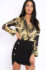 Black and Gold Scarf Print Satin Plunge Bodysuit - Moniqua-Bodysuits