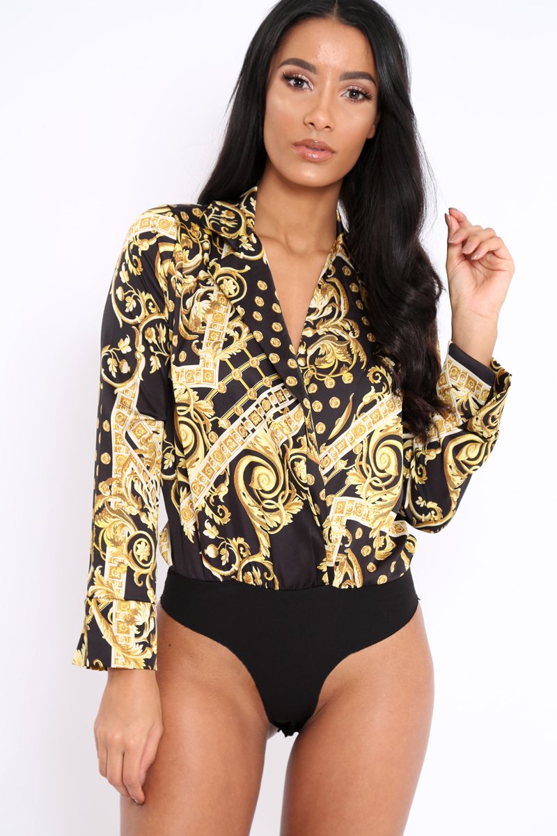 Black and Gold Scarf Print Satin Plunge Bodysuit - Moniqua-Bodysuits