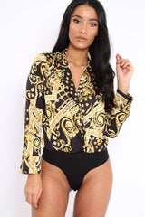 Black and Gold Scarf Print Satin Plunge Bodysuit - Moniqua-Bodysuits