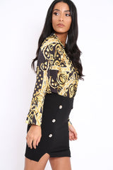 Black and Gold Scarf Print Satin Plunge Bodysuit - Moniqua-Bodysuits