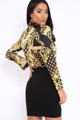 Black and Gold Scarf Print Satin Plunge Bodysuit - Moniqua-Bodysuits