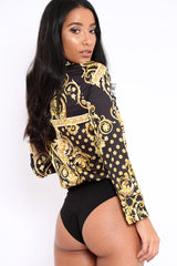 Black and Gold Scarf Print Satin Plunge Bodysuit - Moniqua-Bodysuits