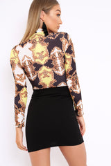 Black and Gold Scarf Print Wrap Front Bodysuit - Jasmina-Bodysuits