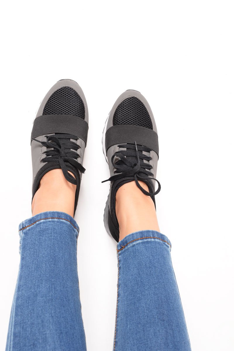 Black and Grey Mesh Two Toned Panel Trainers - Rylan-Trainers