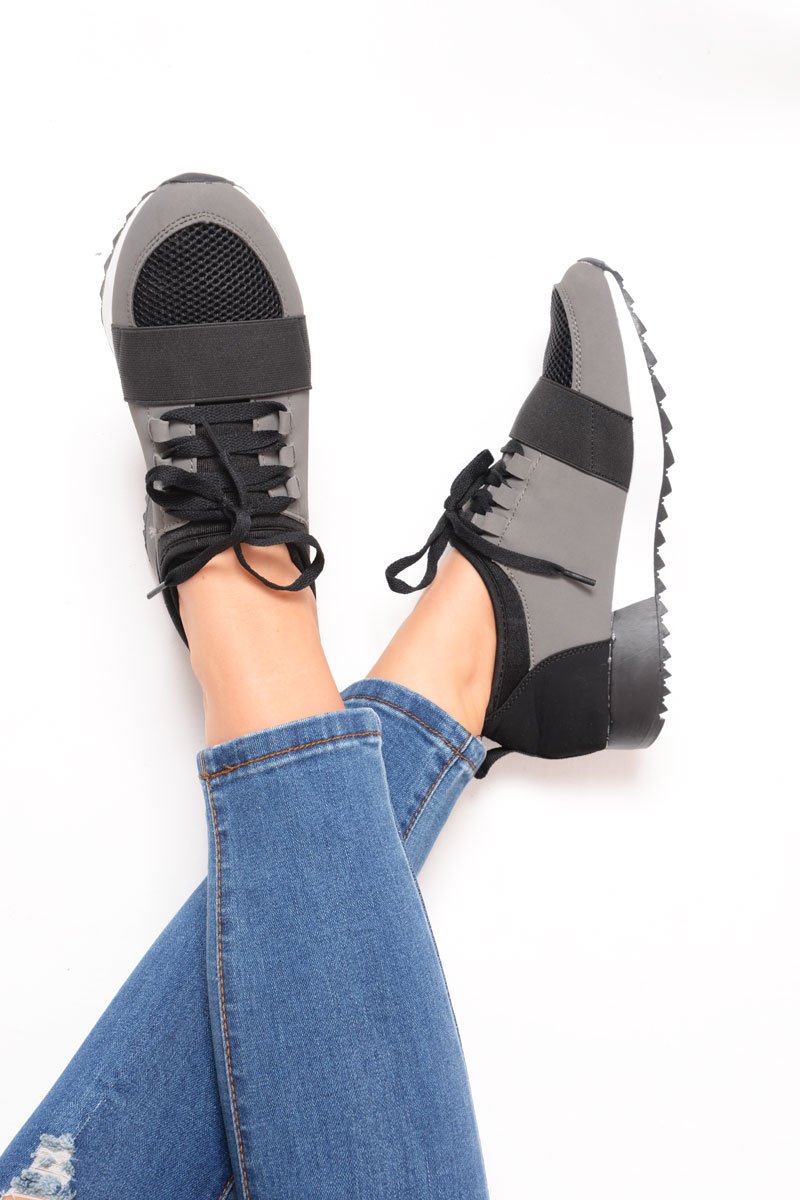 Black and Grey Mesh Two Toned Panel Trainers - Rylan-Trainers