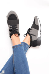 Black and Grey Mesh Two Toned Panel Trainers - Rylan-Trainers