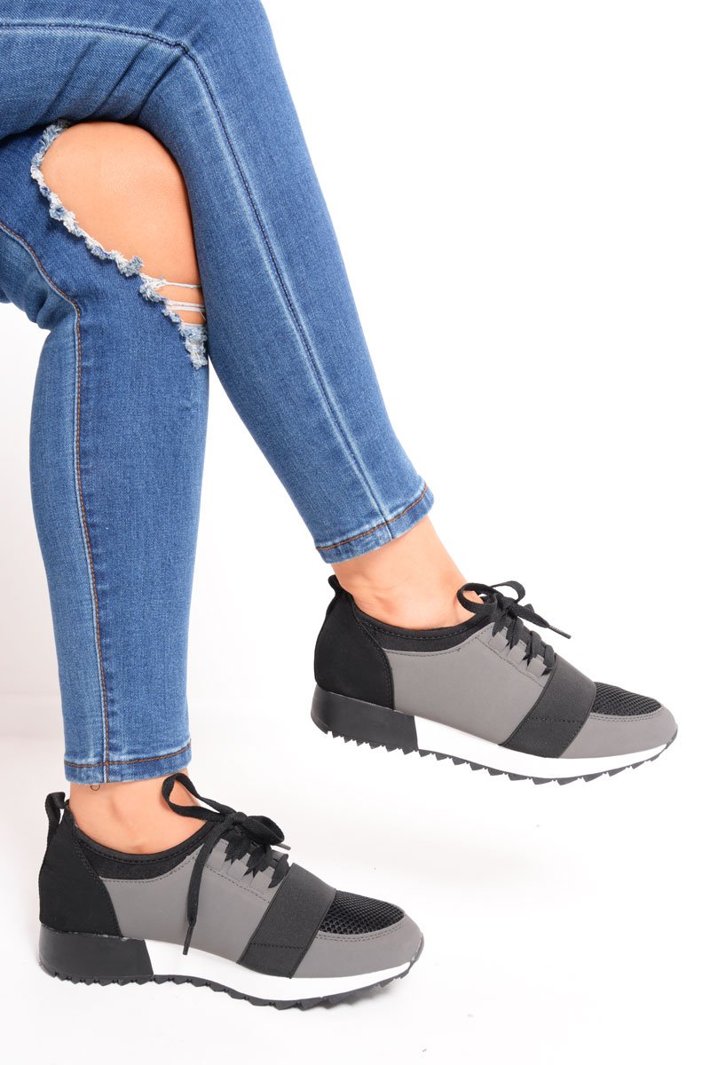 Black and Grey Mesh Two Toned Panel Trainers - Rylan-Trainers