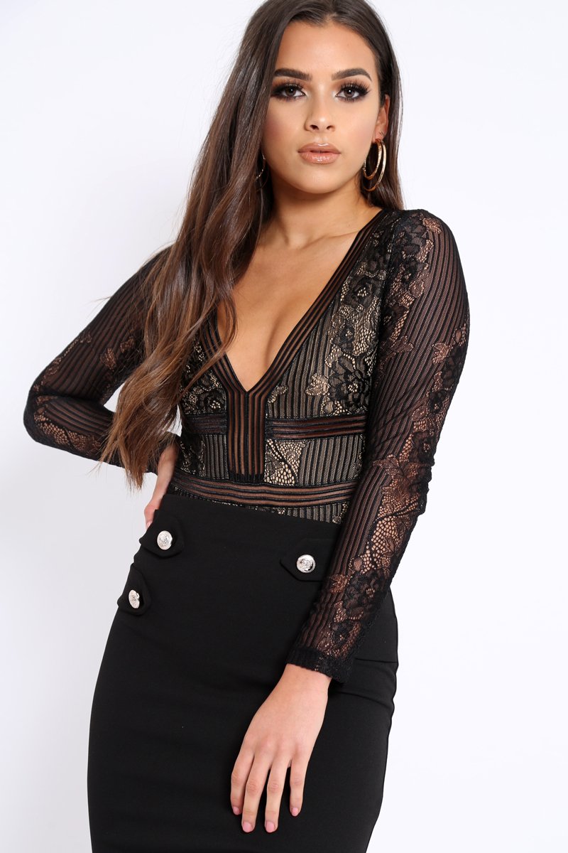 Black and Nude Lace Long Sleeve Open Back Bodysuit - Ellice-Bodysuits