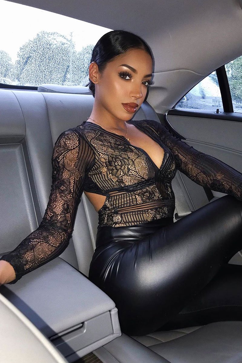 Black and Nude Lace Long Sleeve Open Back Bodysuit - Ellice-Bodysuits