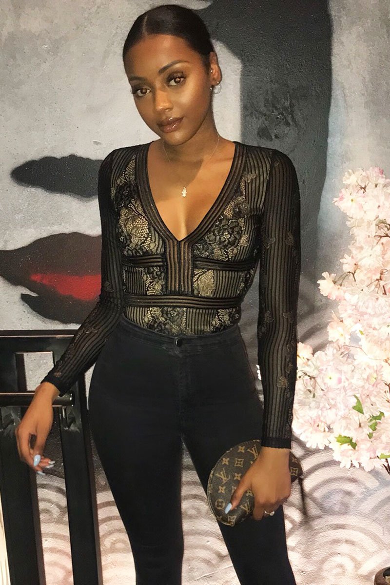 Black and Nude Lace Long Sleeve Open Back Bodysuit - Ellice-Bodysuits