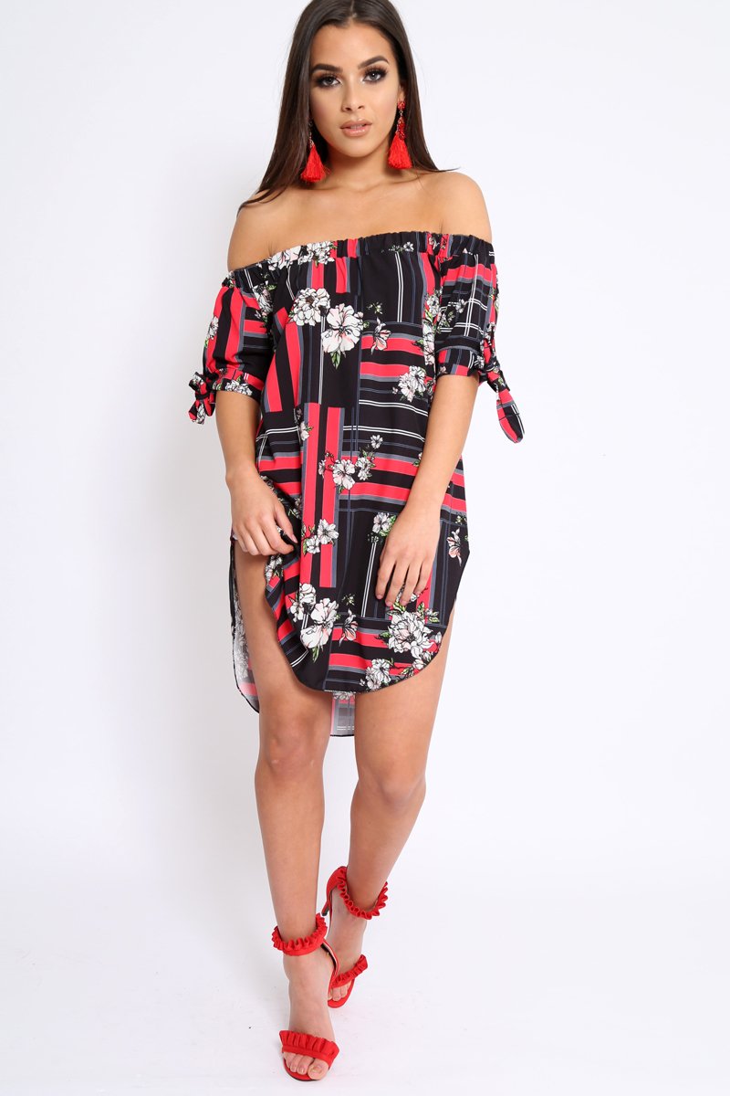 Black and Red Floral Bardot Dress