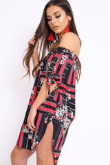 Black and Red Floral Bardot Dress - Zhen-Dresses