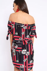 Black and Red Floral Bardot Dress - Zhen-Dresses