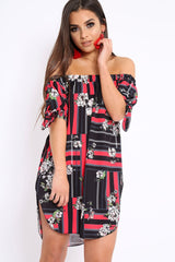 Black and Red Floral Bardot Dress - Zhen-Dresses
