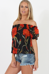 Black and Red Floral Semi Sheer Off Shoulder Top - Pandora-Tops