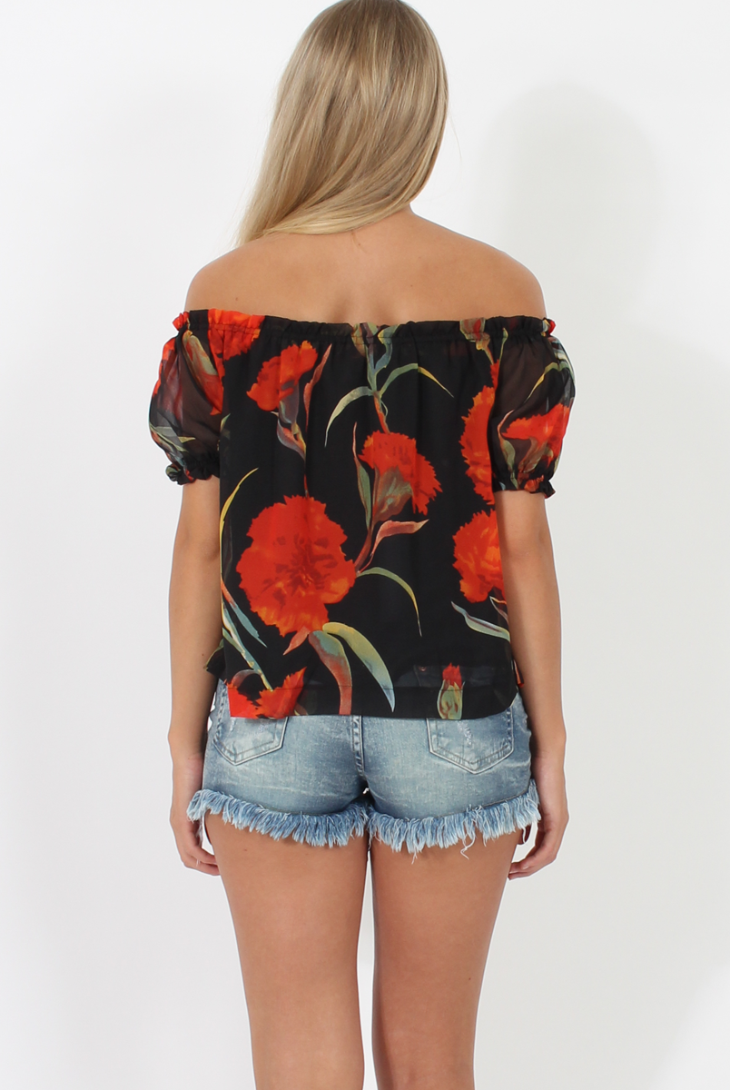 Black and Red Floral Semi Sheer Off Shoulder Top - Pandora-Tops