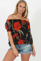 Black and Red Floral Semi Sheer Off Shoulder Top - Pandora-Tops