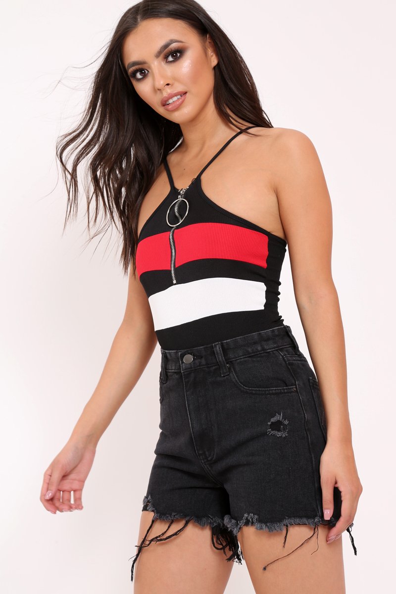 Black and Red Ribbed Ring Zip Front Bodysuit - Carmella-Bodysuits
