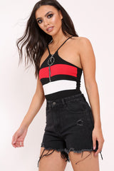 Black and Red Ribbed Ring Zip Front Bodysuit - Carmella-Bodysuits