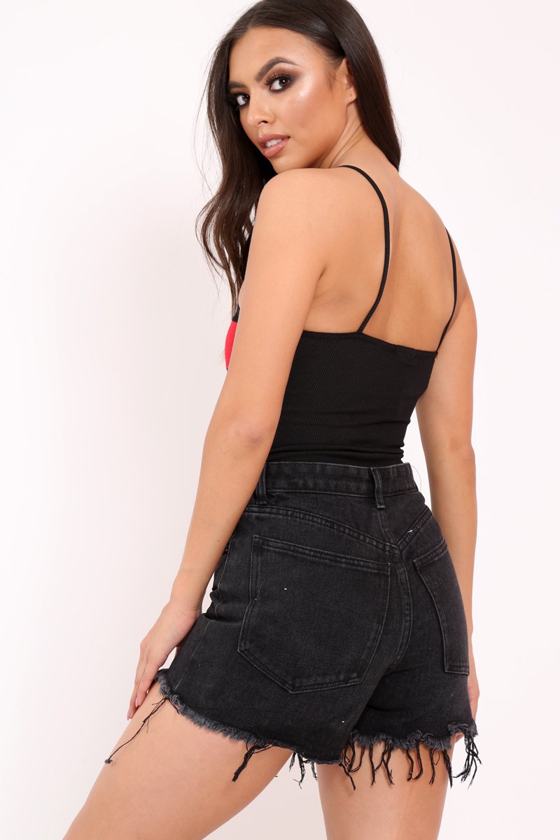 Black and Red Ribbed Ring Zip Front Bodysuit - Carmella-Bodysuits