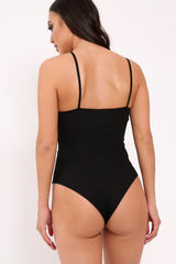 Black and Red Ribbed Ring Zip Front Bodysuit - Carmella-Bodysuits