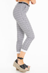 Black and White Check Belted Tapered Trousers - Kierra-Trousers