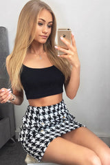 Black and White Check Button Front Skirt - Dalena-Skirts