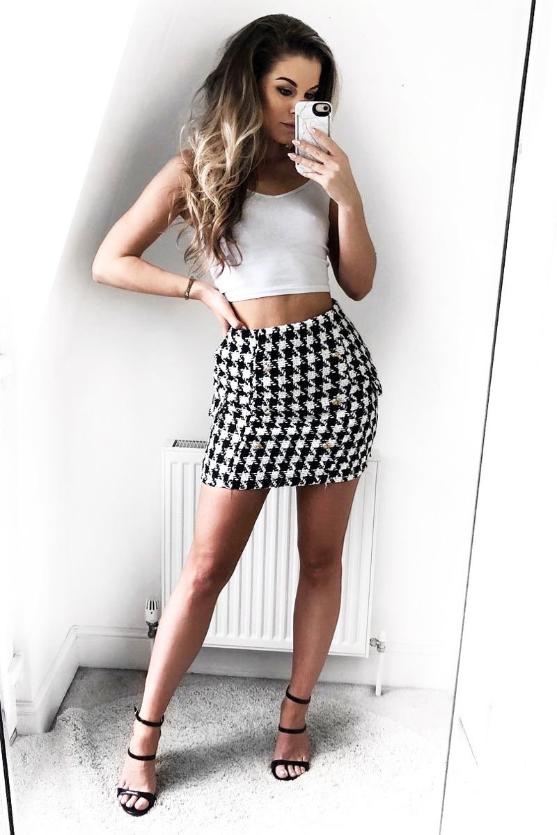 Black and White Check Button Front Skirt - Dalena-Skirts