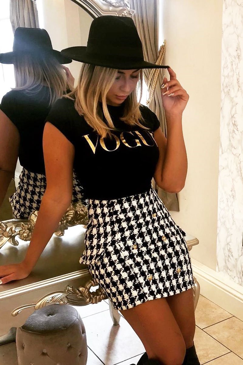 Black and White Check Button Front Skirt - Dalena-Skirts