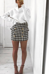 Black and White Check Button Front Skirt - Dalena-Skirts