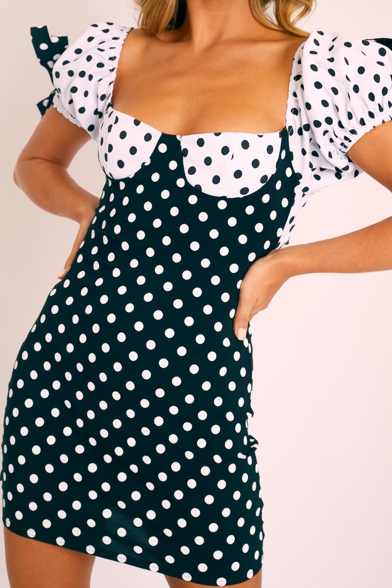 Black and White Polka Dot Milkmaid Bow Detail Sleeve Dress - Shaila-Dresses