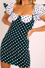 Black and White Polka Dot Milkmaid Bow Detail Sleeve Dress - Shaila-Dresses
