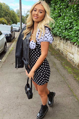 Black and White Polka Dot Milkmaid Bow Detail Sleeve Dress - Shaila-Dresses