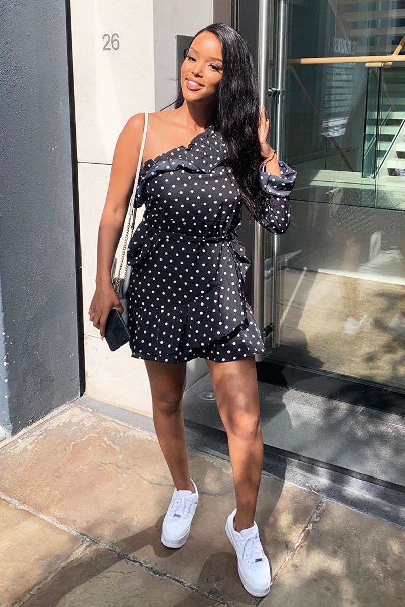 Black and White Polka Dot One Shoulder Frill Dress - Zyann-Dresses