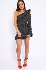 Black and White Polka Dot One Shoulder Frill Dress - Zyann-Dresses