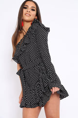 Black and White Polka Dot One Shoulder Frill Dress - Zyann-Dresses