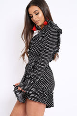 Black and White Polka Dot One Shoulder Frill Dress - Zyann-Dresses