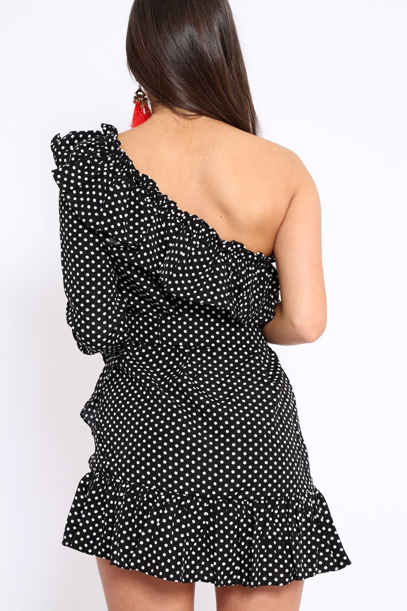 Black and White Polka Dot One Shoulder Frill Dress - Zyann-Dresses