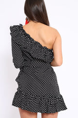 Black and White Polka Dot One Shoulder Frill Dress - Zyann-Dresses