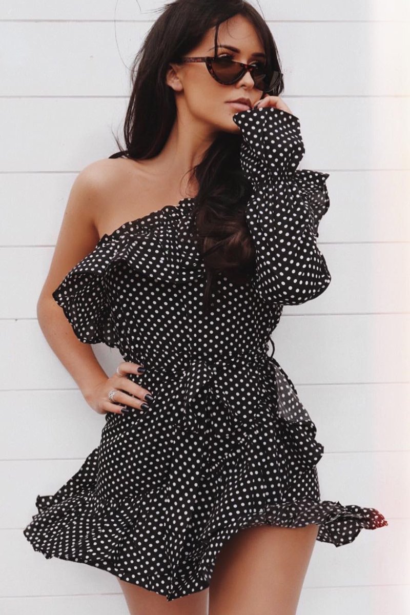 Black and White Polka Dot One Shoulder Frill Dress - Zyann-Dresses