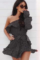 Black and White Polka Dot One Shoulder Frill Dress - Zyann-Dresses