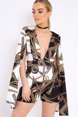 Black and White Rope Print Cape Playsuit - Zyona-Playsuits