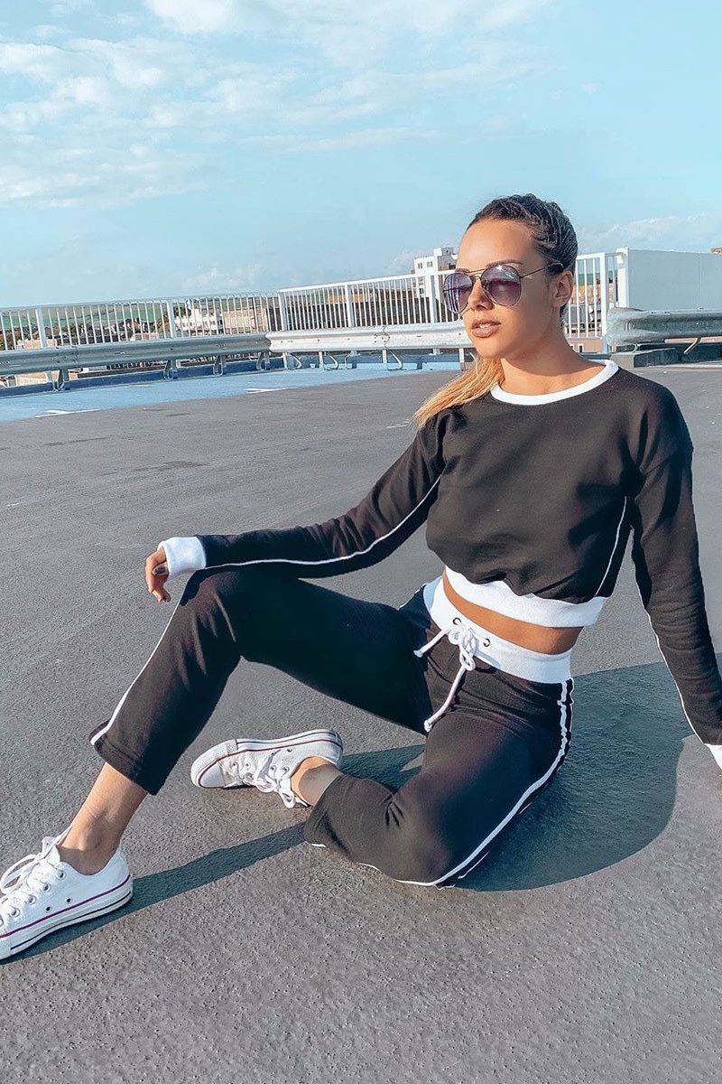 Black and White Side Stripe Sweatshirt and Jogger Set - Miliany-Tracksuits